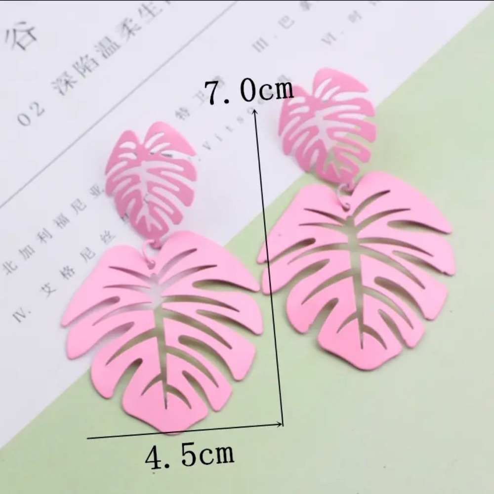 Large Pink Tropical Leaf Earrings